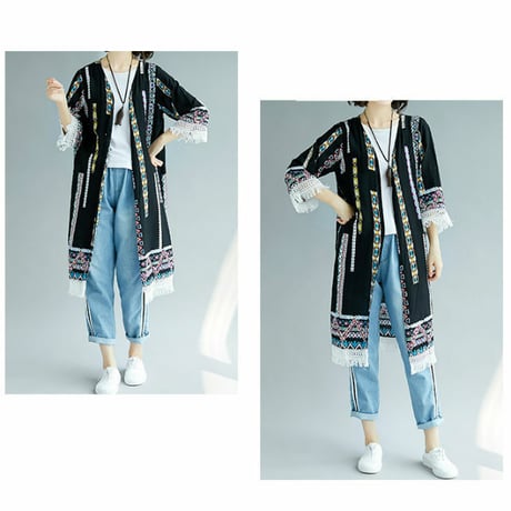 レディース エスニック調 レトロ ロングカーディガン 裾切りっぱなし風デザイン 7分袖 (DCT-590253513716)