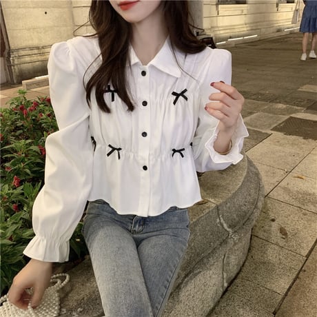 シャツ ブラウス ショート丈 リボン シャーリング 長袖 レトロ 韓国ファッション レディース 大人可愛い ガーリー フェミニン DTC-656433933514