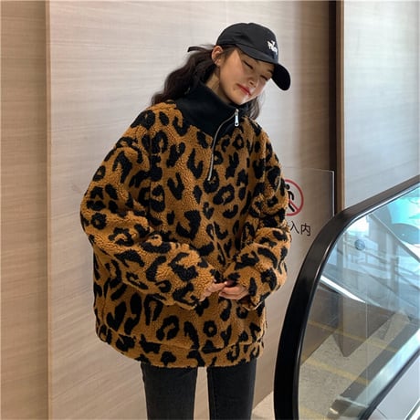 レオパード ボア プルオーバー ハーフジップ ラムウール 韓国ファッション レディース トップス ヒョウ柄 フリース もこもこアウター 大人カジュアル DTC-629477775602