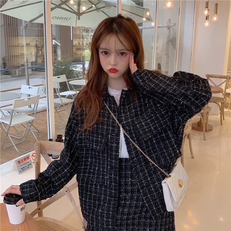セットアップ チェック柄 ジャケット ＋ スカート 韓国ファッション レディース 春 秋 ハイウエスト レトロ DTC-604443914399