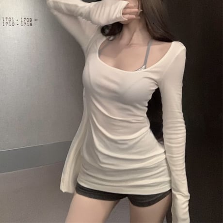 tシャツ スリムフィット ロンt 薄手 Uネック 無地 トップス 長袖 シンプル レトロ 韓国ファッション レディース 大人可愛い ガーリー DTCA-806185686924