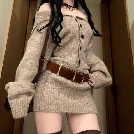 ニットワンピース セーラーカラー ボタン オフショルダー リブワンピース ミニワンピース 長袖 レトロ 大人可愛い ガーリー DTCA-975908412569