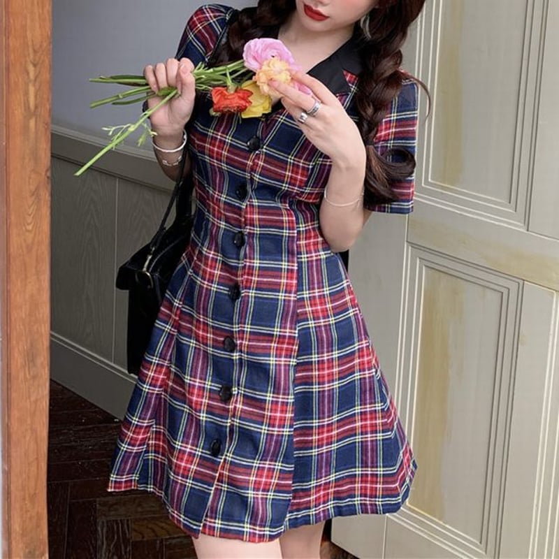 チェック ワンピース 半袖 ウエストリボン ハイウエスト 韓国