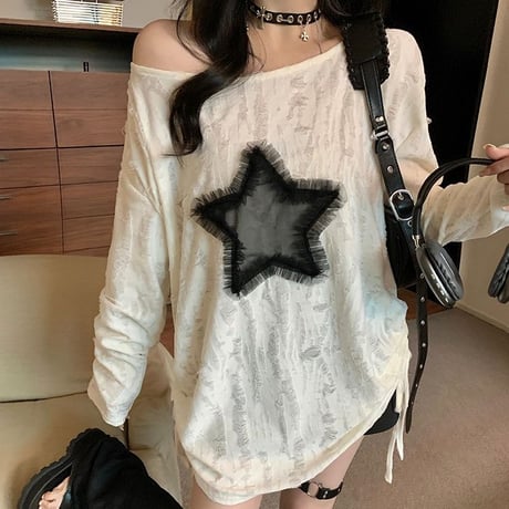 ロンT ダメージ加工 スター 星 ドローストリング ドロスト ダメージトップス プルオーバー tシャツ オーバーサイズ ルーズ 長袖 レトロ 大人可愛い ガーリー DTCA-837831882209