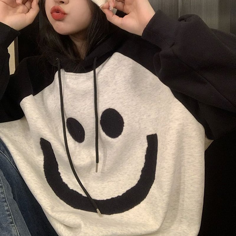 パーカー 裏起毛 プルオーバー オーバーサイズ バイカラー スマイリー