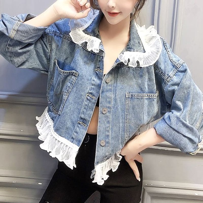 デニムジャケット レースフリル バックリボン バックコンシャス レース