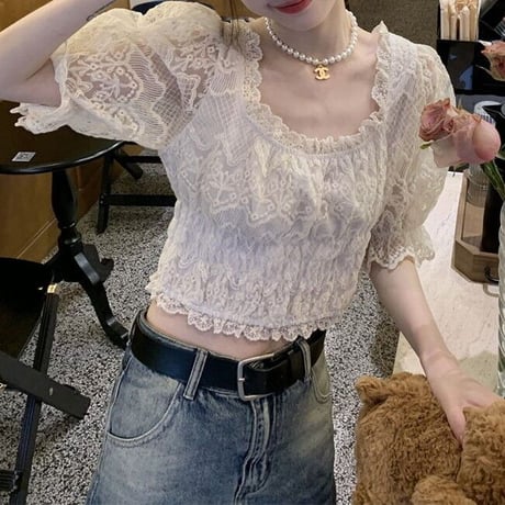 レース ブラウス スクエアネック 半袖 パフスリーブ ショート丈 レトロ 韓国ファッション レディース 大人可愛い ガーリー フェミニン DTC-713998980520