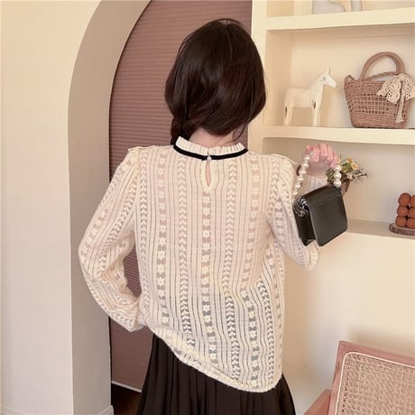 レースブラウス ブラウス レース 長袖 ルーズ レトロ 韓国ファッション レディース 大人可愛い ガーリー フェミニン DTC-666086954713