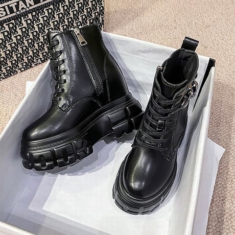 厚底 ブーツ インヒール チェーン 22.0～24.5cm シューレース サイドファスナー 防水プラットフォーム レザー ショートブーツ 履きやすい ガーリー DTC-654284892844
