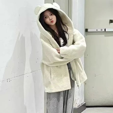 クマ耳 フード付き ボアブルゾン ファーブルゾン アウター ラムウール もこもこ 防寒 ゆったり ルーズ 長袖 冬 レトロ 大人可愛い ガーリー DTCA-831602266614