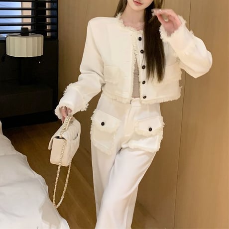 セットアップ ショートジャケット ワイドパンツ フリンジ タッセル ノーカラージャケット ハイウエスト レトロ 韓国ファッション レディース 大人可愛い ガーリー DTC-766276677738