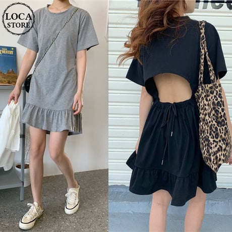 オープンバック ワンピース 背中あき 薄手 Tシャツ＋フリルスカート 半袖 韓国ファッション レディース バックレス 大人可愛い ガーリー フェミニン DTC-615537051967