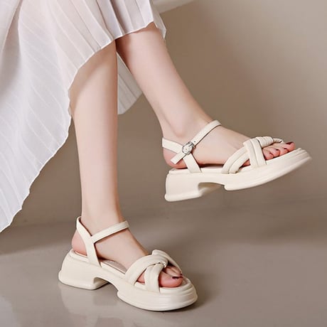 クロスストラップ 厚底 サンダル 22.5～25.0cm 太ヒール 厚底ソール アンクルストラップ 美脚 キュート かわいい 歩きやすい おしゃれ DTCA-777519824673