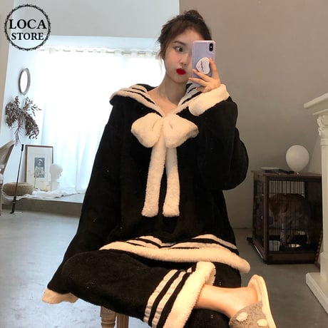ルームウェア パジャマ セットアップ リボン フリース プラスベルベット トップス + パンツ 長袖 上下セット 韓国ファッション レディース もこもこ ガーリー 634598637665