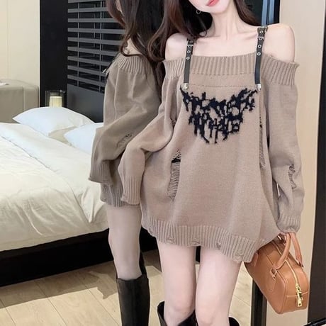 ニット ダメージ加工 オフショルダー プルオーバー ダメージニット オフショル トップス ルーズ 長袖 レトロ 大人可愛い ガーリー カジュアル DTCA-857788372053