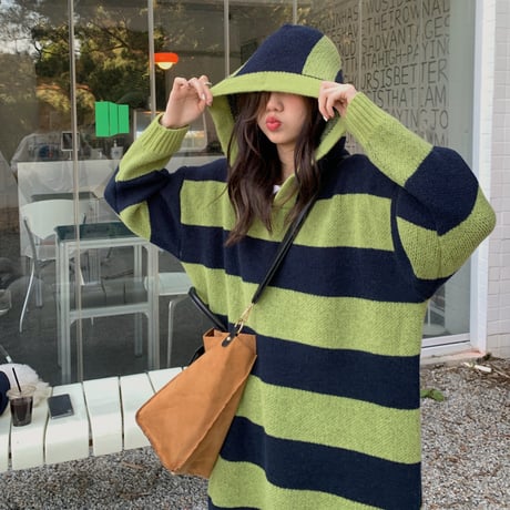 ボーダー柄 フード付きニットワンピース ロング丈 ニット 長袖 ゆったり レトロ 韓国ファッション レディース 大人可愛い ガーリー カジュアル DTC-664604666382