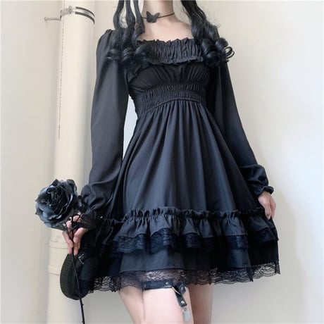 ティアードワンピース フリル スクエアネック Aライン ハイウエスト プリーツ フレア レース ミニワンピース 長袖 レトロ ガーリー ゴシック ロリータ DTCA-652425232365