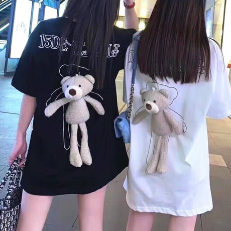 クマのぬいぐるみ付き Tシャツ オーバーサイズ 半袖 韓国ファッション レディース ルーズ トップス ゆったり カットソー カジュアル かわいい ガーリー DTC-618264974574