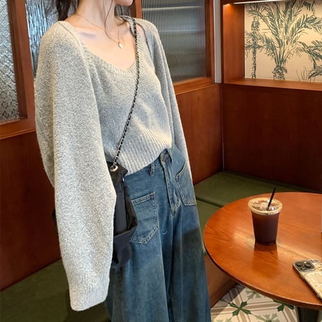 セット商品 ニットタンクトップ ニットカーディガン ショート丈 2点セット トップス ルーズ 長袖 レトロ 韓国ファッション レディース 大人可愛い ガーリー DTC-745073440660
