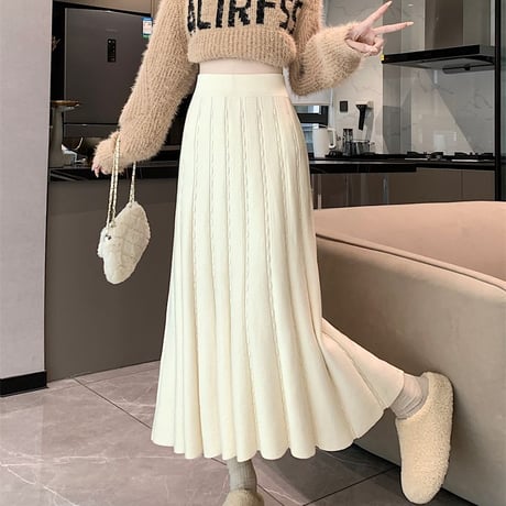 ニットスカート 厚手 マーメイドスカート プリーツスカート ロング丈 ハイウエスト スカート ウエストゴム レトロ 韓国ファッション レディース 大人可愛い ガーリー DTC-756880446087