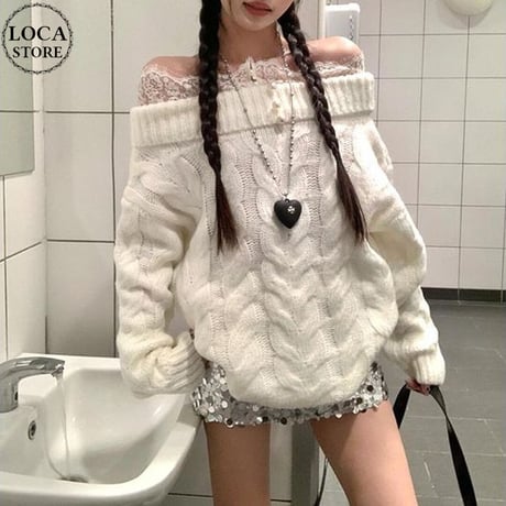 ニット ケーブル編み レース オフショルダー ボタン トップス 長袖 ゆったり ルーズ レトロ 大人可愛い ガーリー DTCA-974012246141