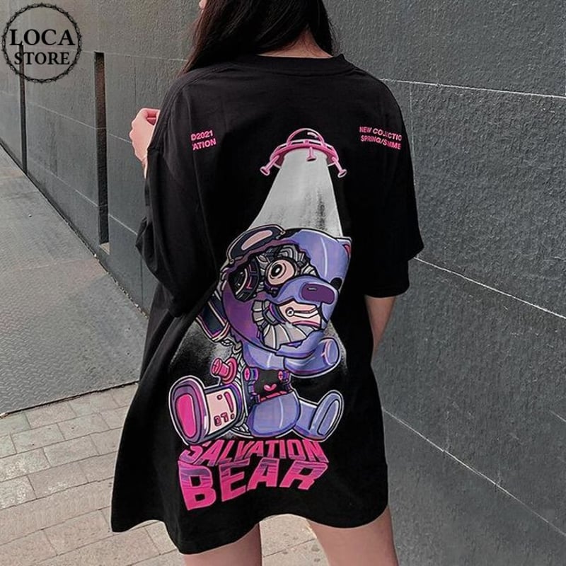 紫クマデザインTシャツ 473.クロス紫くまテディベアtシャツ ロックダーク系 地雷系闇