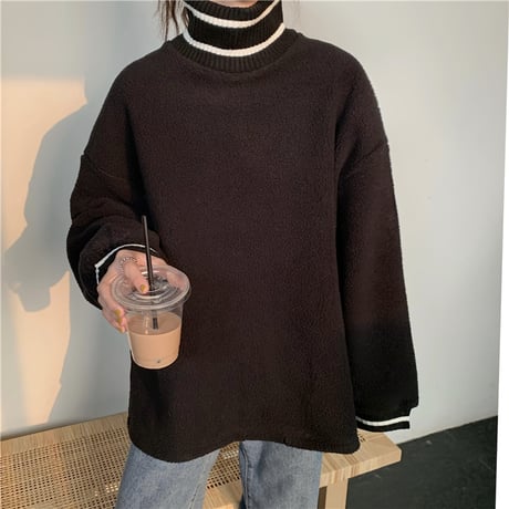 フリース トレーナー プルオーバー 韓国ファッション レディース ゆったり ハイネック トレーナー 体型カバー シンプル レトロ 春 秋 冬 大人カジュアル (DTC-605871158785)