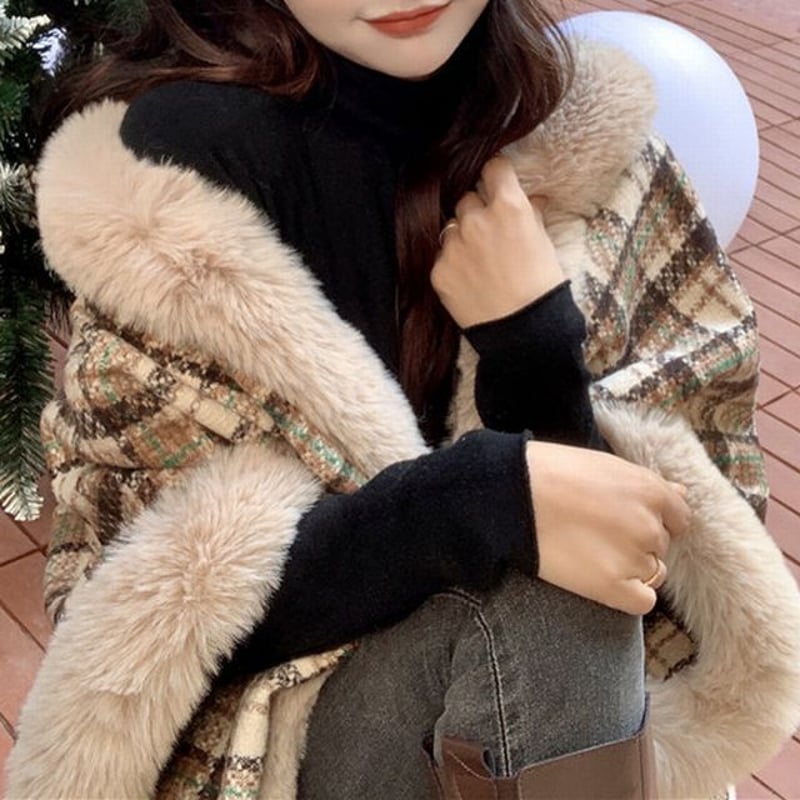 チェック柄 ファーケープコート ポンチョ ラビットファー もこもこ