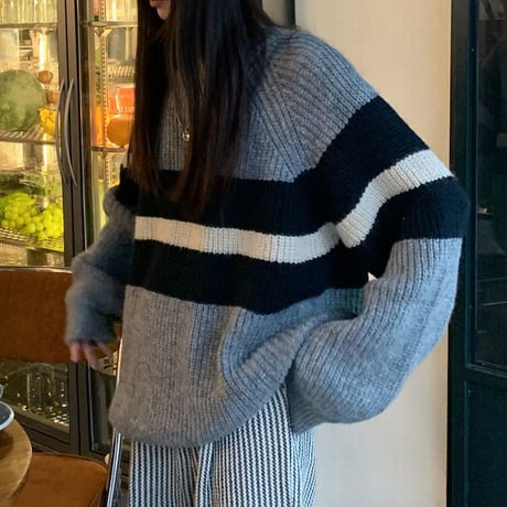 ボーダーニット リブニット ボーダー柄 ニットセーター トップス ルーズ レトロ 韓国ファッション レディース 大人可愛い ガーリー カジュアル DTC-690573774431