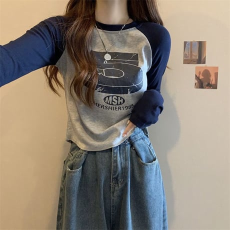 ロンT クロップド丈 ナンバープリント ラグランスリーブ ショート丈 トップス tシャツ スリムフィット 長袖 レトロ 大人可愛い ガーリー カジュアル DTCA-860701868371