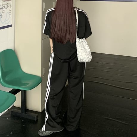 セットアップ サイドライン Tシャツ ワイドパンツ 半袖 ロゴ トップス スポーツミックス 上下セット レトロ 韓国ファッション レディース 大人可愛い ガーリー DTC-786931285601