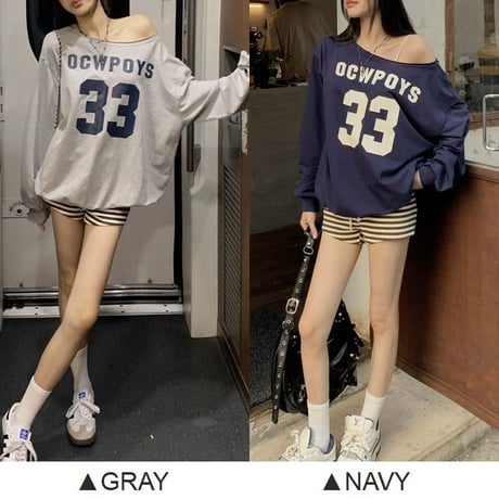 ロンT ワンショルダー ナンバーロゴ トップス オーバーサイズ tシャツ プルオーバー ゆったり 長袖 レトロ 大人可愛い ガーリー カジュアル DTCA-852707267778
