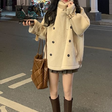 フェイクファー コート ネックベルト ハイネック ミドル丈 もこもこ ダブルブレスト ゆったり 韓国ファッション レディース 大人可愛い ガーリー DTC-659758489729