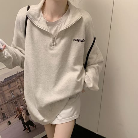 【3カラー】 トレーナー ハイネック ハーフジップ プラスベルベット 厚手 トップス オーバーサイズ ルーズ レトロ 韓国ファッション レディース カジュアル DTC-690414072368