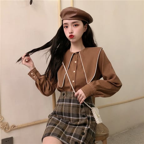 ブラウス シャツ 大きい襟 長袖 韓国ファッション レディース トップス ゆったり レトロ 大人可愛い ガーリー DTC-625130861610
