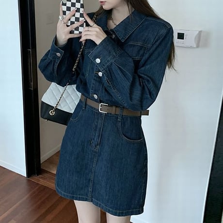 デニム ワンピース 襟付き ハイウエスト ショート丈 長袖 レトロ 韓国ファッション レディース 大人可愛い ガーリー フェミニン DTC-668109841308