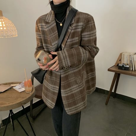 チェック柄 ウールジャケット シングルブレスト 長袖 ルーズ 韓国ファッション レディース ジャケット 大人可愛い ガーリー レトロ DTC-654505471003