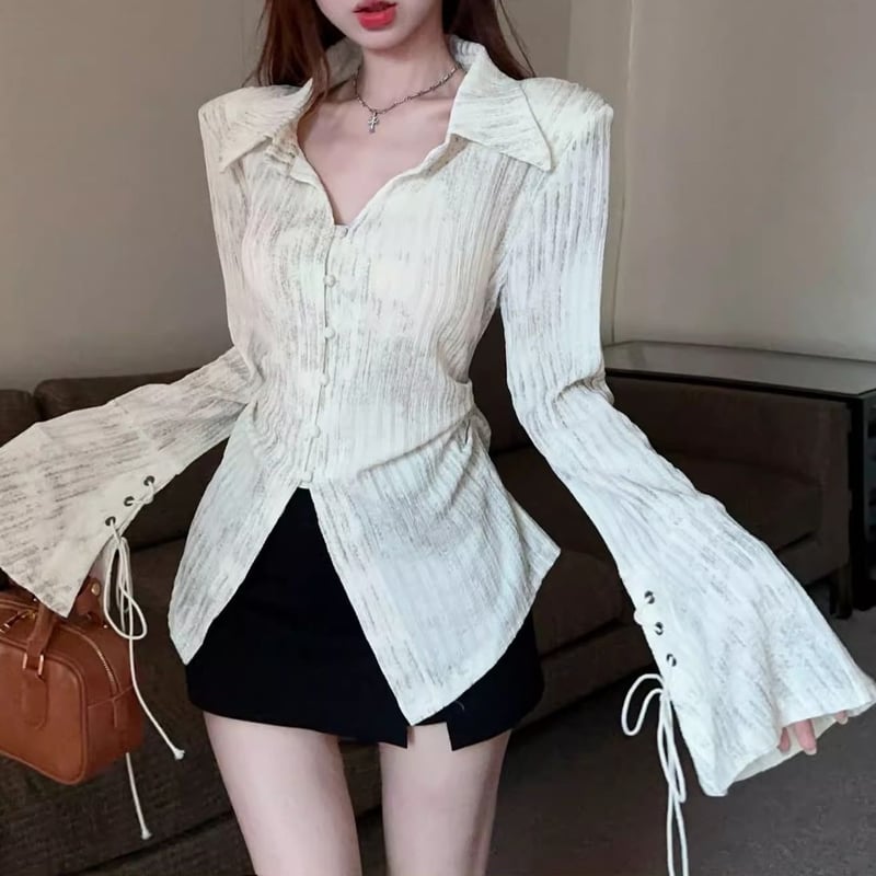 Rossa 薄手ブラウス 美品 ブラウス レースアップ トランペットスリーブ フレア スリム