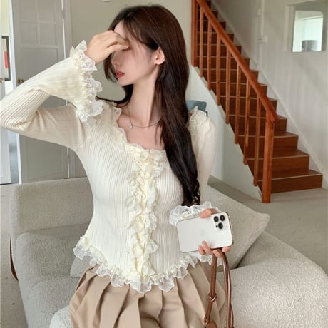 フリルカーディガン レースフリル スリムフィット カーディガン ニット トップス 長袖 レトロ 韓国ファッション レディース 大人可愛い ガーリー フェミニン DTC-743744510900