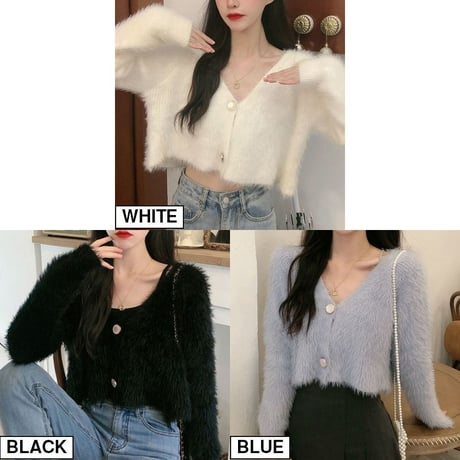 クロップド丈 ニットカーディガン シングルブレスト シャギー風 Vネック 薄手 長袖 ショート丈 レトロ 韓国ファッション レディース 大人可愛い ガーリー DTC-628749209744