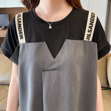 フェイクレイヤード ワンピース Tシャツ ドッキングワンピース ルーズ ゆったり プルオーバー 半袖 レトロ 韓国ファッション レディース 大人可愛い ガーリー DTC-703970746662