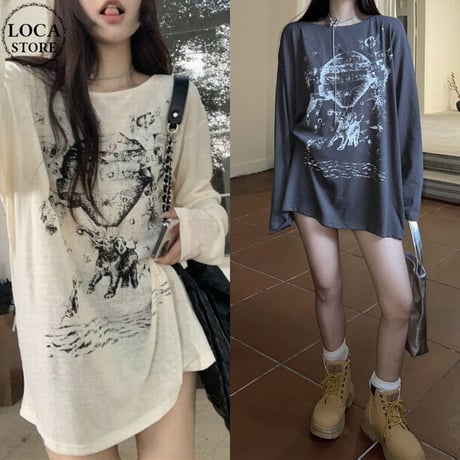 tシャツ 長袖 オーバーサイズ ドロップショルダー ロンt クルーネック トップス ルーズ レトロ 韓国ファッション レディース 大人可愛い ガーリー DTC-735331608484