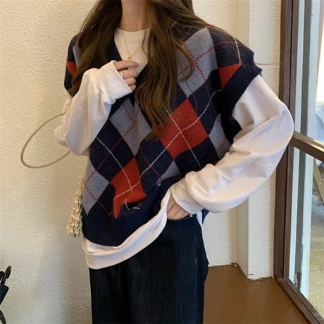 ニットベスト アーガイル柄 チェック柄 Vネック ルーズ カジュアル 韓国ファッション レディース 大人可愛い ガーリー DTC-655942017383