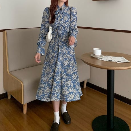 花柄 ワンピース Vネック 長袖 ロング丈  韓国ファッション レディース 大人可愛い ガーリー フェミニン DTC-626055147942