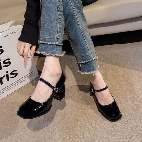 メリージェーンパンプス 22.0～24.5cm パテントレザー チャンキーヒール 太ヒール 7.5cm パンプス ラウンドトゥ 韓国ファッション レディース DTCA-821831991229