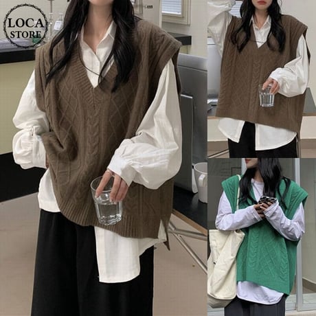 ニットベスト ケーブル編み Vネック ベスト ゆったり 大きめ オーバーサイズ カジュアル 韓国ファッション レディース大人可愛い ガーリー DTC-658378262069