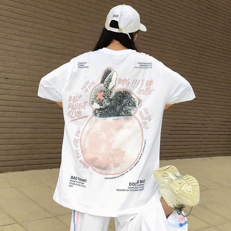 ユニセックス Tシャツ 半袖 BADRABBIT うさぎ プリント オーバーサイズ ゆったり 大きめ 韓国ファッション メンズ レディース カジュアル ストリート系 DTC-643342164117