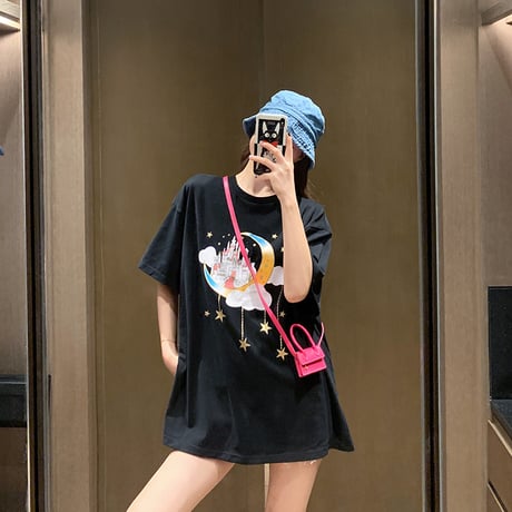Tシャツ 半袖 お城 プリント ラウンドネック 韓国ファッション レディース トップス 星 月 プリント シンプル ガーリー DTC-618971492141