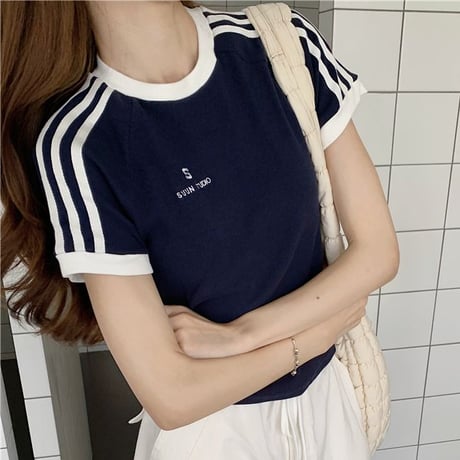 Tシャツ サイドライン スリムフィット トップス 半袖 レトロ 韓国ファッション レディース 大人可愛い ガーリー スポーツミックス カジュアル DTC-800737155571