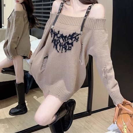ニット ダメージ加工 オフショルダー プルオーバー ダメージニット オフショル トップス ルーズ 長袖 レトロ 大人可愛い ガーリー カジュアル DTCA-857788372053